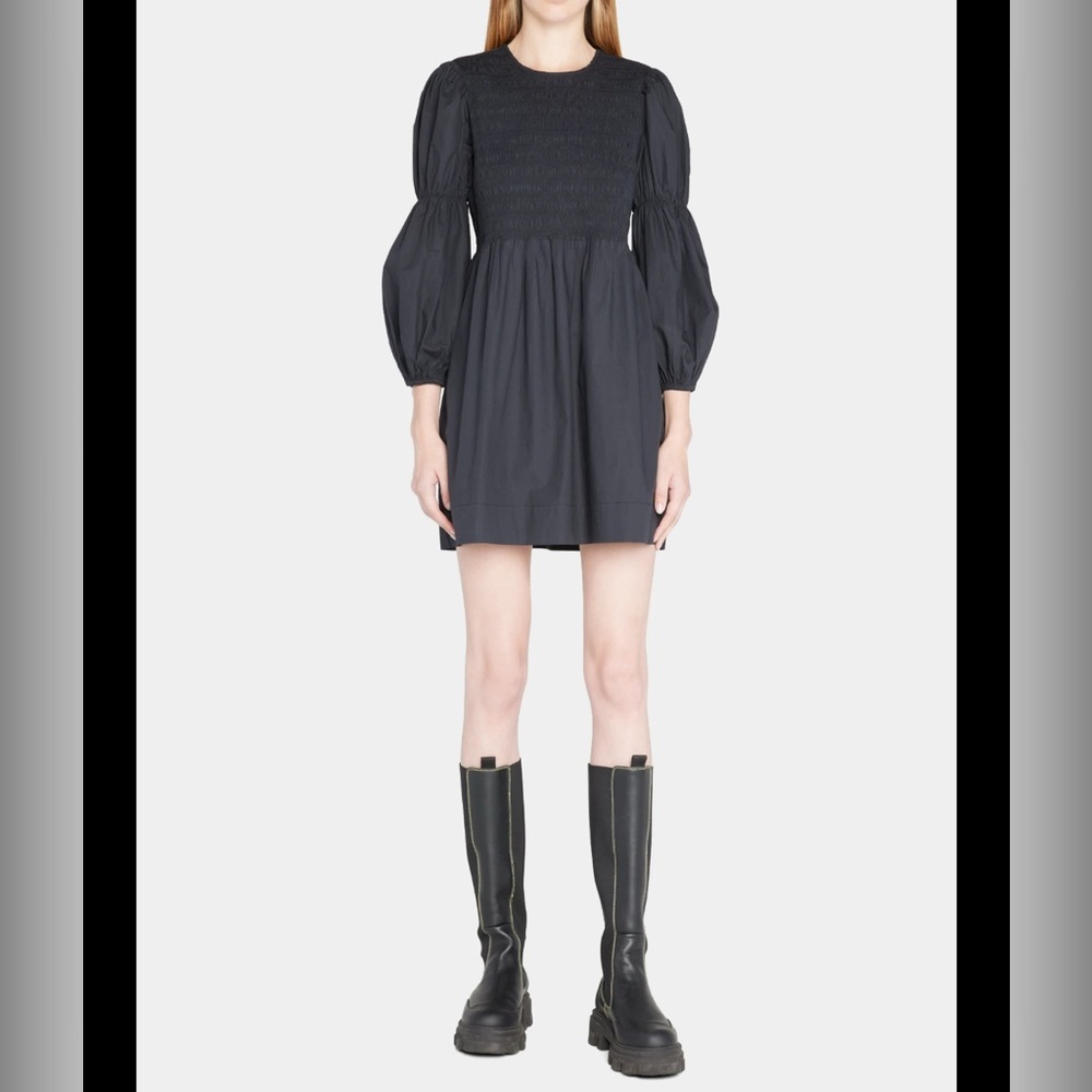 Ganni Black Cotton Poplin Smocked Mini Dress Sz 36